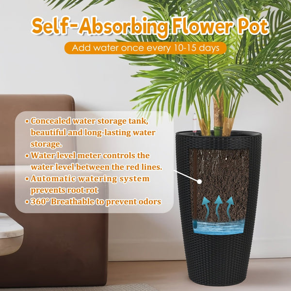 English Elm Set of 2 Faux Rattan Tall Outdoor Planters with Auto Watering and Water Level Monitor Black W3213P325373