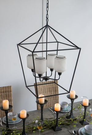 English Elm 21.7x21.7x33.5 Matte Black Iron Chandelier Square Glass Industrial Dining Foyer Light W2078P411228