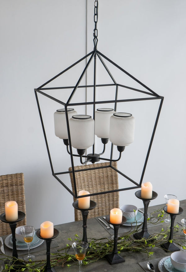 English Elm 21.7x21.7x33.5 Matte Black Iron Chandelier Square Glass Industrial Dining Foyer Light W2078P411228