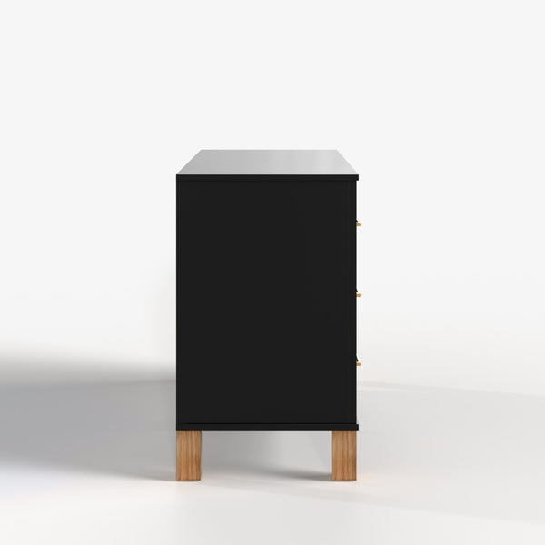 English Elm 6-drawer Double Dresser Solid Wood Legs Mid-century Modern Bedroom Storage Cabinet Black W1445S00006