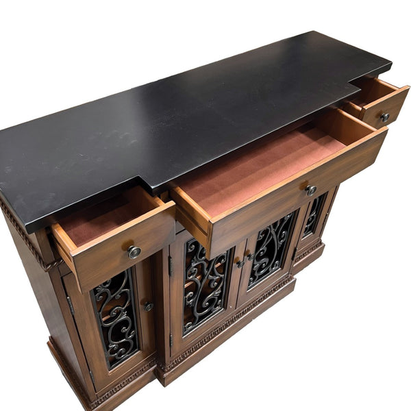 English Elm Vidi Oak Finish Entryway Console Cabinet with Felt Drawers and Bronze Hardware B2726P293609