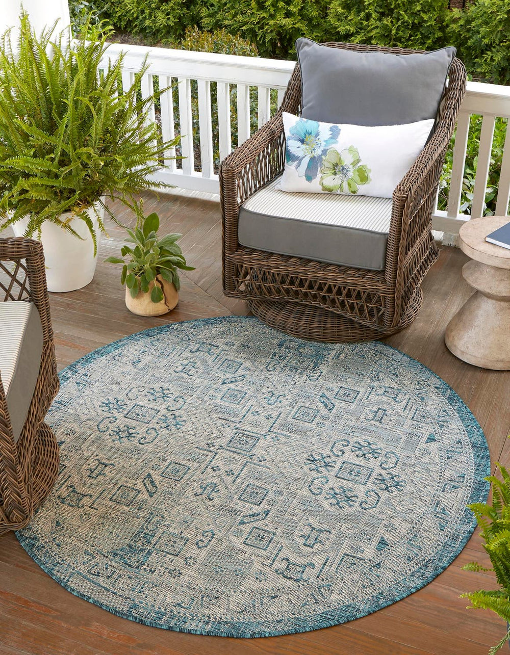 Unique Loom Teal Outdoor Aztec Rug - Vibrant, Durable, Weather-resistant Design For Patios And Decks Teal  3162294-unique-loom