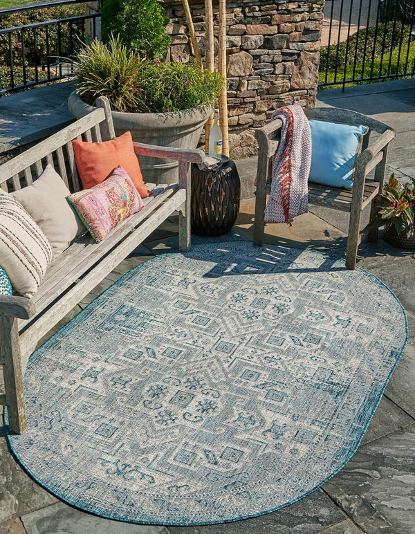 Unique Loom Natural Outdoor Aztec Area Rug – Durable, Weather-resistant Design For Patios, Decks, And Gardens Teal  3162306-unique-loom