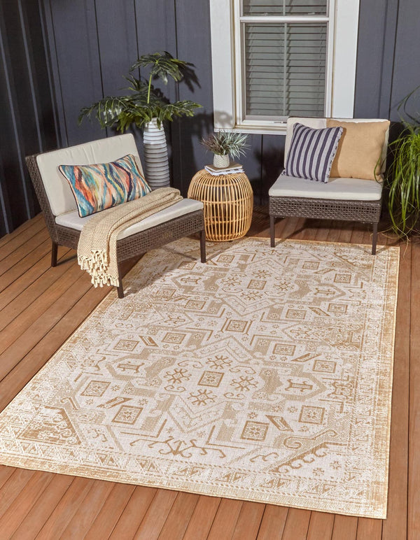 Unique Loom Natural Outdoor Aztec Area Rug – Durable, Weather-resistant Design For Patios, Decks, And Gardens Natural  3162322-unique-loom