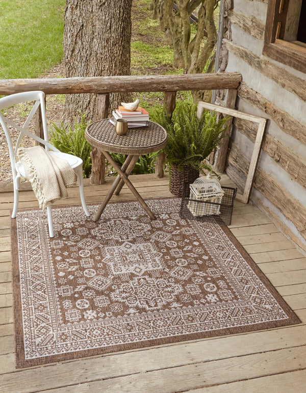 Unique Loom Rust Outdoor Aztec Rug In Vibrant Rust Red – Perfect Cultural Flair For Patios And Entryways Brown  3162492-unique-loom