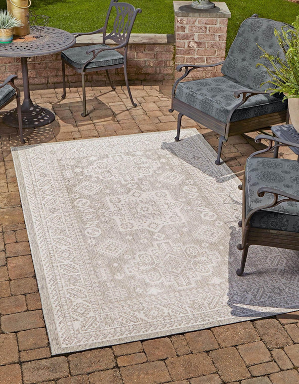 Unique Loom Yellow Outdoor Aztec Rug - Vibrant Oval Design Perfect For Patios, Decks, Or Garden Spaces Gray  3162609-unique-loom