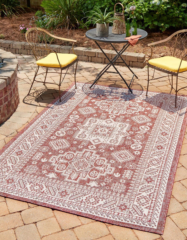 Unique Loom Yellow Outdoor Aztec Rug - Vibrant Oval Design Perfect For Patios, Decks, Or Garden Spaces Red  3162636-unique-loom
