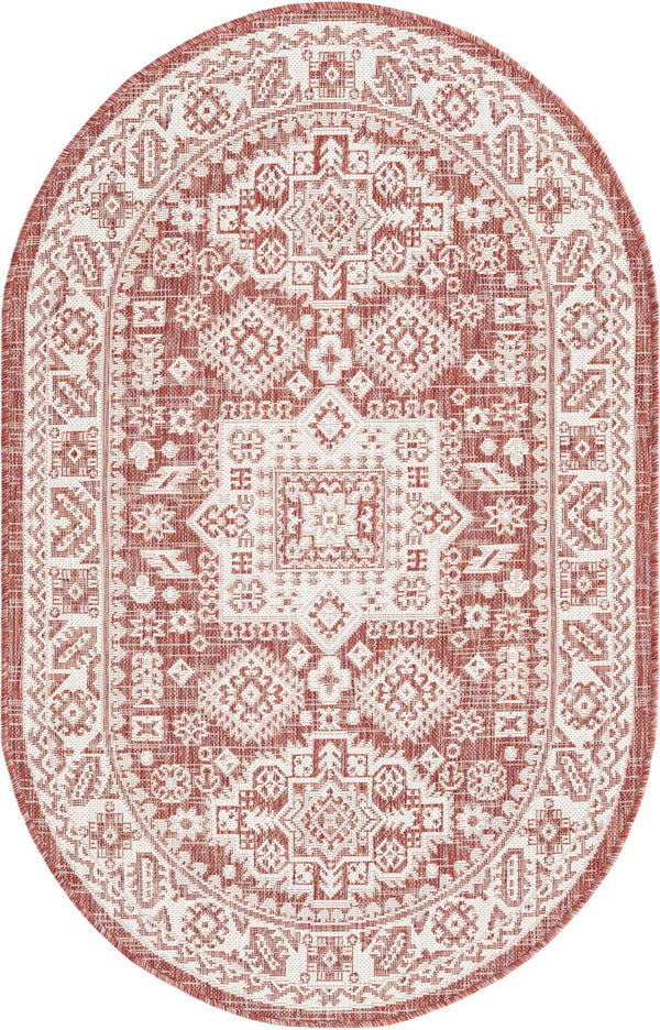 Unique Loom Yellow Outdoor Aztec Rug - Vibrant Oval Design Perfect For Patios, Decks, Or Garden Spaces Red  3162630-unique-loom