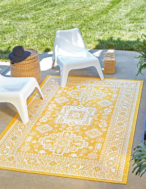 Unique Loom Yellow Outdoor Aztec Rug - Vibrant Oval Design Perfect For Patios, Decks, Or Garden Spaces Yellow  3162646-unique-loom