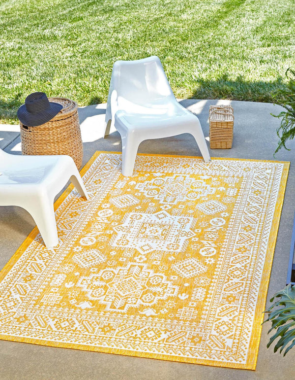 Unique Loom Yellow Outdoor Aztec Rug - Vibrant Oval Design Perfect For Patios, Decks, Or Garden Spaces Yellow  3162646-unique-loom