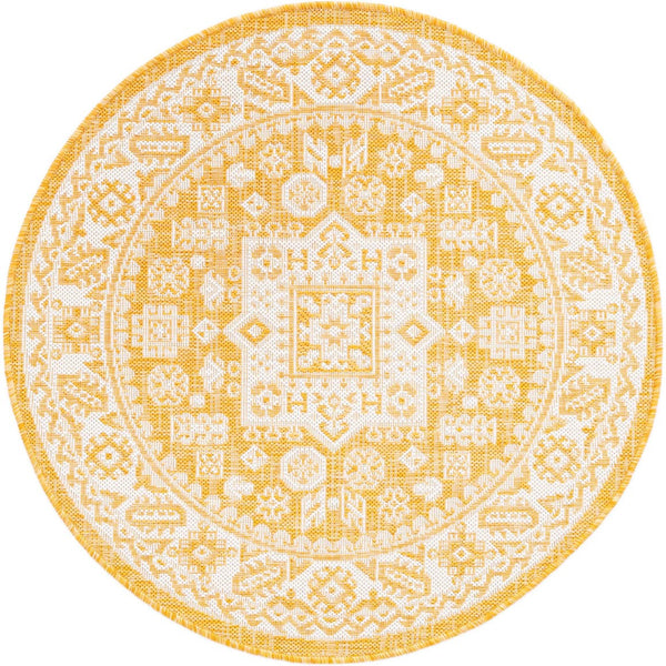 Unique Loom Yellow Outdoor Aztec Rug - Vibrant Oval Design Perfect For Patios, Decks, Or Garden Spaces Yellow  3162651-unique-loom