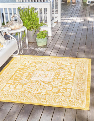 Unique Loom Yellow Outdoor Aztec Rug - Vibrant Oval Design Perfect For Patios, Decks, Or Garden Spaces Yellow  3162654-unique-loom