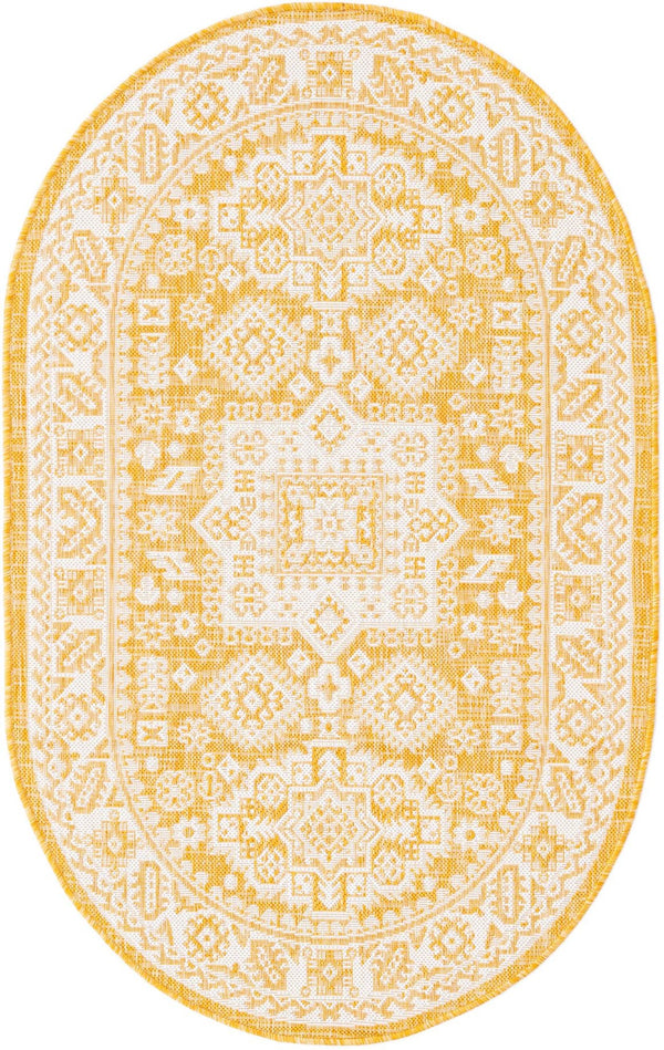 Unique Loom Yellow Outdoor Aztec Rug - Vibrant Oval Design Perfect For Patios, Decks, Or Garden Spaces Yellow  3162657-unique-loom