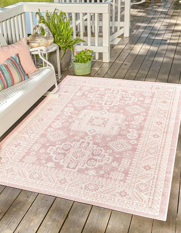 Unique Loom Pink Outdoor Aztec Rug – Vibrant 5'3" Octagon Design For Stylish Patios And Gardens, Weatherproof Pink  3162717-unique-loom