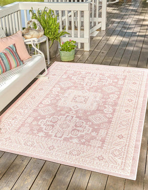 Unique Loom Yellow Outdoor Aztec Rug - Vibrant Oval Design Perfect For Patios, Decks, Or Garden Spaces Pink  3162698-unique-loom
