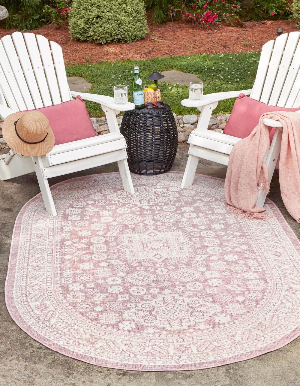 Unique Loom Pink Outdoor Aztec Rug – Vibrant 5'3" Octagon Design For Stylish Patios And Gardens, Weatherproof Pink  3162711-unique-loom
