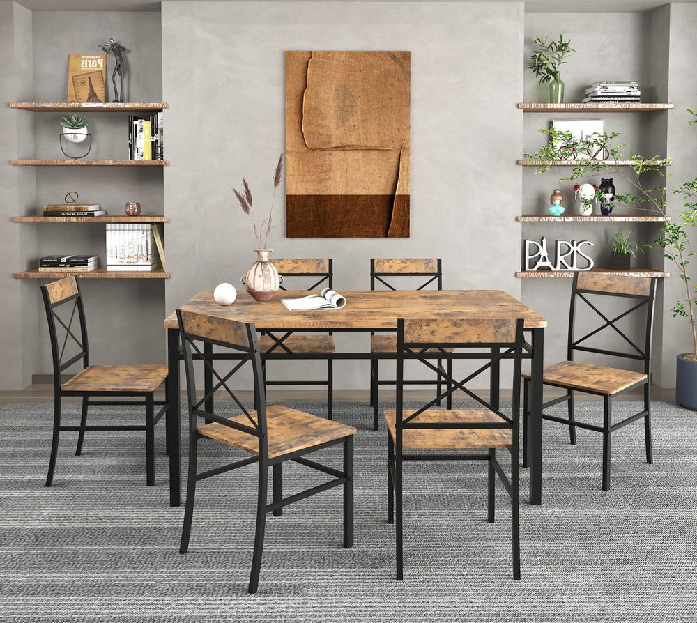 English Elm Dining Table Set With 6 Chairs - Rustic Walnut Finish, Compact Design, Easy Assembly For Small Spaces W2129P388681