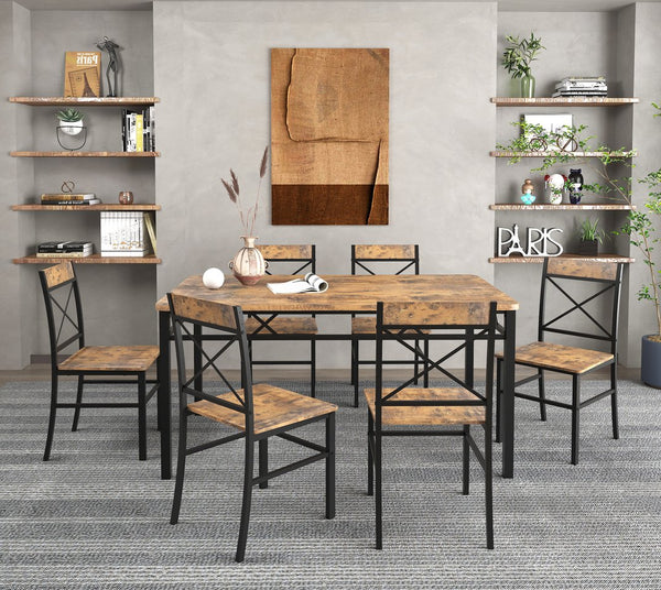 English Elm Dining Table Set With 6 Chairs - Rustic Walnut Finish, Compact Design, Easy Assembly For Small Spaces W2129P388681