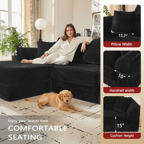 English Elm 102" Modular Cloud Sectional Corduroy Sofa with Reversible Chaise for Living Room Black W5638S00003