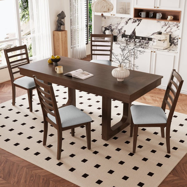 English Elm 5-piece Farmhouse Dining Set Oak Veneer Butterfly Leaf Table Four Upholstered Chairs Beige,Walnut N752S109000D