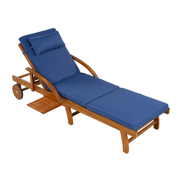 English Elm U_style Acacia Wood Outdoor Chaise Lounger with Reclining Backrest Cushions and Side Tray Navy Blue N711P415859C