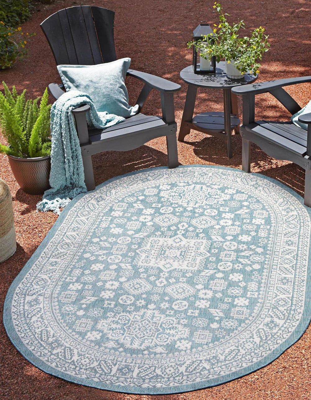 Unique Loom Aqua Outdoor Aztec Rug - Weather-resistant Oval Design With Vibrant Geometric Patterns For Patios Aqua  3163305-unique-loom