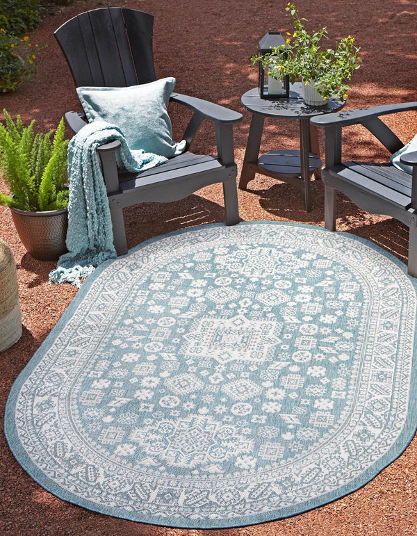 Unique Loom Aqua Outdoor Aztec Rug - Weather-resistant Oval Design With Vibrant Geometric Patterns For Patios Aqua  3163305-unique-loom
