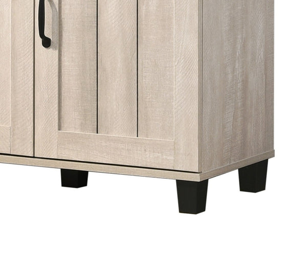 English Elm Cortona Three Door Shoe Cabinet with Oak Grain Laminate Finish for Entryway Light Gray B2749P413248