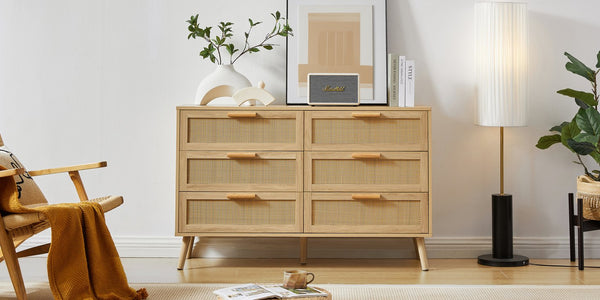 English Elm Bedroom Dresser: Versatile 6-Drawer Rattan Chest For Kids' Rooms & Hallways - Natural Wood Finish! W1162P190401