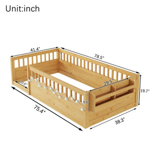 English Elm Twin Montessori Floor Bed Frame with High Rails and Built-In Light Shelf for Safe Independent Sleep Natural 79.13 L x 13 W x 6.3 H W2593P333571