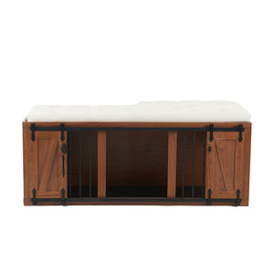 English Elm 56"L, 56"L Mid-Century Walnut Dog Crate Bench Ottoman with Sliding Barn Door, Padded Removable Cushion, Wheels, 300lb耐 N843P293660W