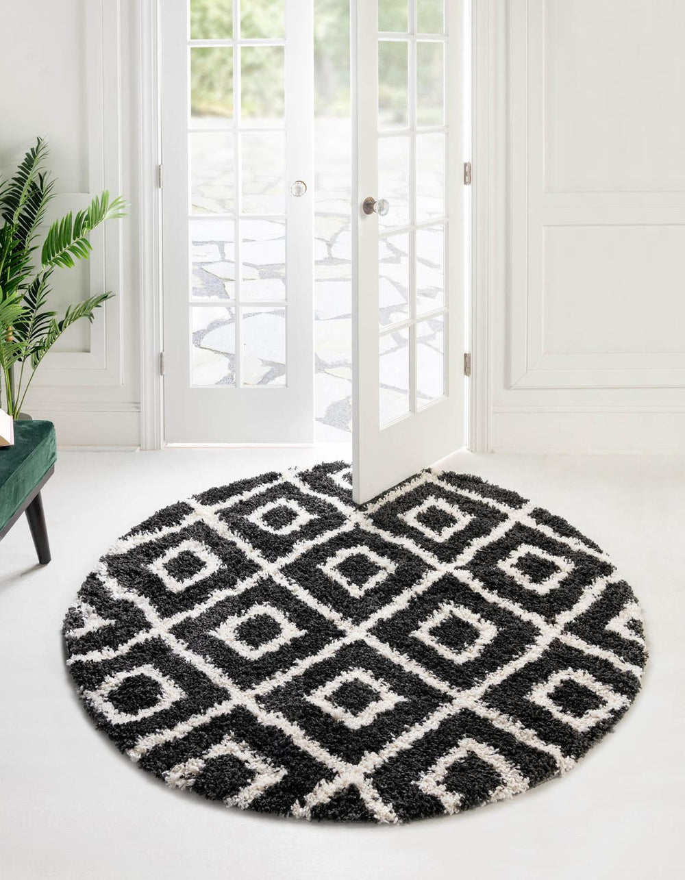 Unique Loom Black Hygge Shag Rug - Cozy 3' 3" Round Design For Modern Spaces, Plush Texture & Stylish Charm Black,White  3164671-unique-loom