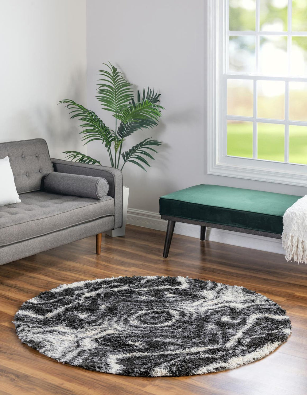 Unique Loom Black Hygge Shag Rug - Cozy 3' 3" Round Design For Modern Spaces, Plush Texture & Stylish Charm Black,White  3164671-unique-loom