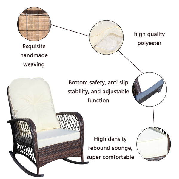 English Elm Outdoor Wicker Rocking Chair with Wide Seat, Thick Removable Cushion, Steel Frame, Weather-Resistant Rocker for Patio Garden Relaxation Brown+Beige W209P265086