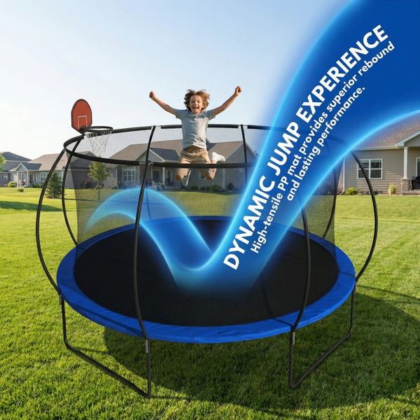 English Elm 14 Foot Pumpkin Shaped Backyard Trampoline with Basketball Hoop Galvanized Steel Frame W2071P319084