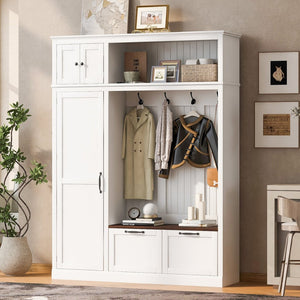 English Elm 3-in-1 Entryway Hall Tree with Cabinet Hooks Bench Drawers and Adjustable Shelving White SJ000160AAK