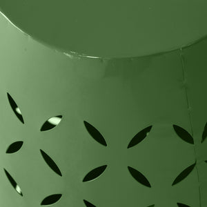 English Elm 12" Outdoor Iron Accent Table Lace Cut Barrel Design Perforated Metal Patio Side Green N773P365595G