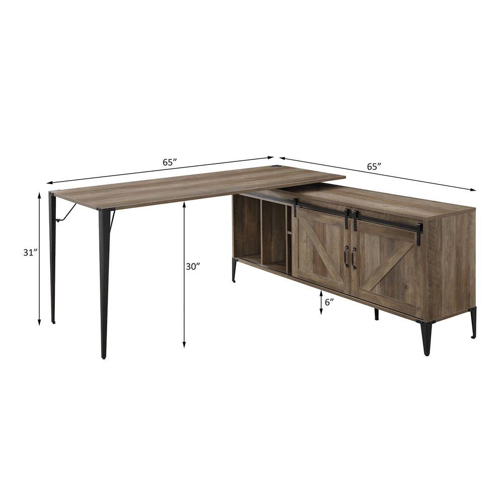 English Elm L-Shape Writing Desk with Cabinet and Sliding Barn Doors, Industrial Metal Accents, Compact Workspace Black,Oak,Rustic B016S00014