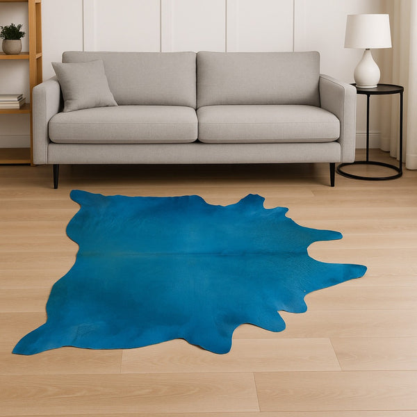 HomeRoots 6' X 7' Red Cowhide Area Rug - Handcrafted Luxury for Modern Spaces, Bold Color & Unique Style Blue 316708
