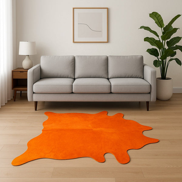 HomeRoots 6' X 7' Red Cowhide Area Rug - Handcrafted Luxury for Modern Spaces, Bold Color & Unique Style Orange 316710