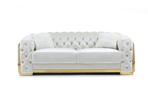 English Elm Lexi Plush Velvet Sofa with Button Tufting and Diamond Quilted Exterior, Welted Cushions & Throw Pillows Ivory 35 L x 30 W x 91 H B078P301021