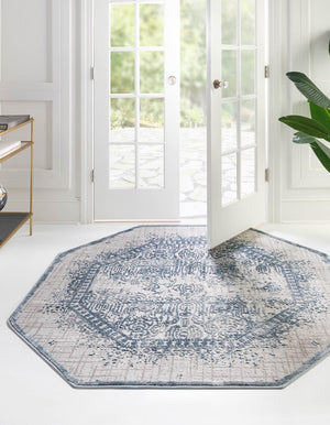 Unique Loom Gray 4 Ft Octagonal Outdoor Rug From Aberdeen Collection – Stylish Accent For Patios & Lounges Blue  3168534-unique-loom