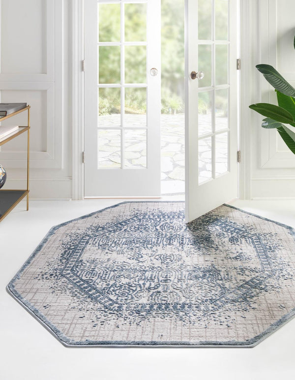 Unique Loom Gray 4 Ft Octagonal Outdoor Rug From Aberdeen Collection – Stylish Accent For Patios & Lounges Blue  3168534-unique-loom