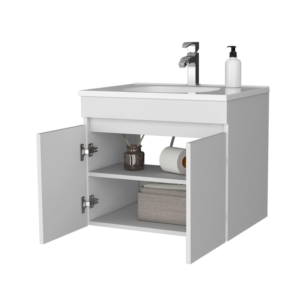 English Elm White Floating Vanity with Dual Doors and Integrated Basin, Wall-Mounted Compact Bathroom Storage Solution B062P303926