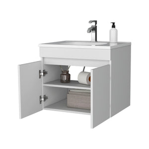 English Elm White Floating Vanity with Dual Doors and Integrated Basin, Wall-Mounted Compact Bathroom Storage Solution B062P303926