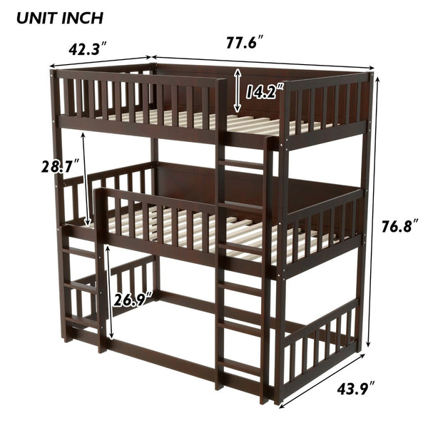English Elm Twin Size Triple Bunk Bed In Espresso - Space-Saving Rubberwood Design With Ladders And Guardrails W504S00243-GIGA