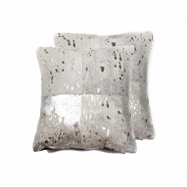 HomeRoots Set of Two 18" Luxe Cowhide Throw Pillows for Elegant Living Room Decor and Cozy Comfort Silver/Gray 316937