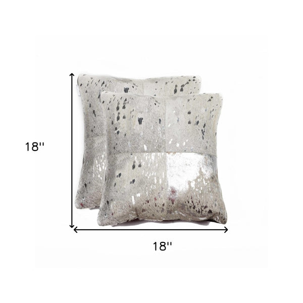 HomeRoots Set of Two 18" Luxe Cowhide Throw Pillows for Elegant Living Room Decor and Cozy Comfort Silver/Gray 316937