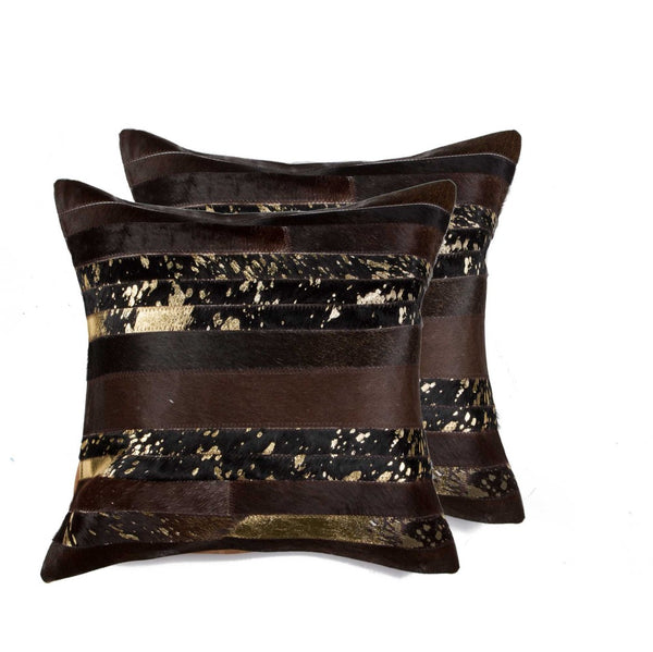 HomeRoots Set of Two 18" Luxe Cowhide Throw Pillows for Elegant Living Room Decor and Cozy Comfort Gold/Chocolate 316940