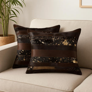 HomeRoots Set of Two 18" Luxe Cowhide Throw Pillows for Elegant Living Room Decor and Cozy Comfort Gold/Chocolate 316940